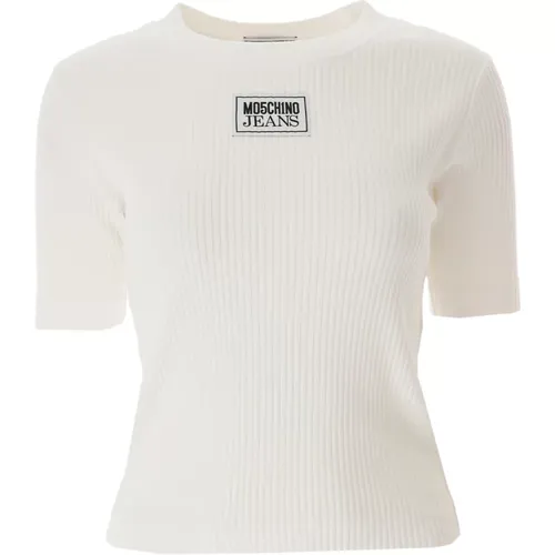 Baumwoll Logo Patch Kurzarm T-Shirt , Damen, Größe: L - Moschino - Modalova