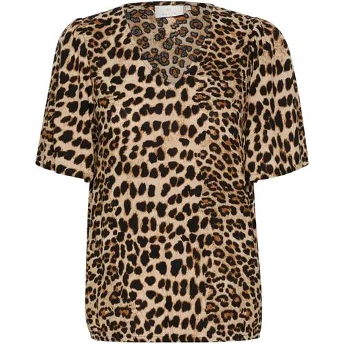 Klassische Leopardenbluse Kurzarm V-Ausschnitt , Damen, Größe: 3XL - Kaffe - Modalova