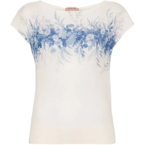 Ivory Ribbed Blue Floral T-Shirt , female, Sizes: S, L - Twinset - Modalova