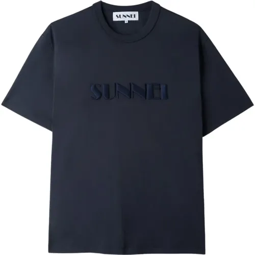 Blaues T-Shirt mit gesticktem Logo - Sunnei - Modalova