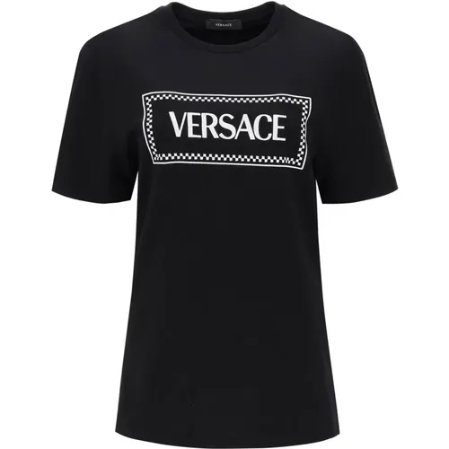 T-Shirt mit gesticktem Logo,T-Shirt mit Logo-Stickerei - Versace - Modalova