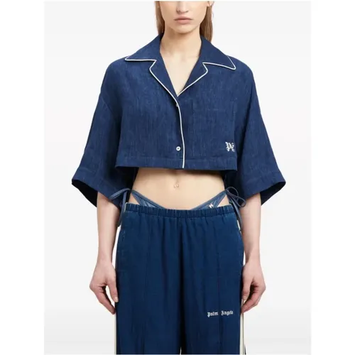 Monogram Linen Crop Shirt , female, Sizes: S, XS - Palm Angels - Modalova