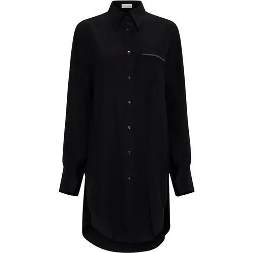 Silk Long Shirt with Monile Embellishment , female, Sizes: M, L, S - BRUNELLO CUCINELLI - Modalova