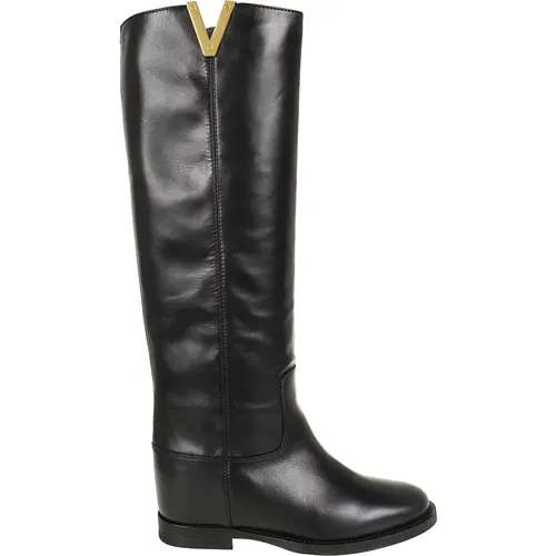 Schwarze Leder-Stiefeletten mit Goldplakette , Damen, Größe: 37 1/2 EU - Via Roma 15 - Modalova