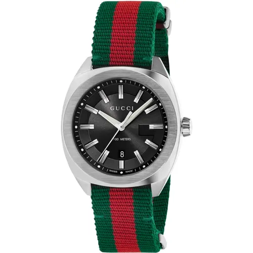 Steel Case with Sun-Brushed Dial and Green/Red Web Nylon Strap , female, Sizes: ONE SIZE - Gucci - Modalova