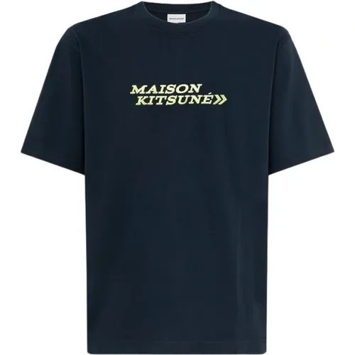 Hochwertiges Baumwoll-Crew-Neck-T-Shirt mit Sticklogo , Herren, Größe: L - Maison Kitsuné - Modalova