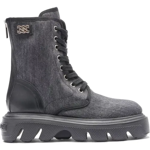 Schwarzer Denim Schnürstiefel , Damen, Größe: 40 EU - Casadei - Modalova