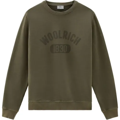 Grüner Baumwollpullover Langarm Logo , Herren, Größe: L - Woolrich - Modalova