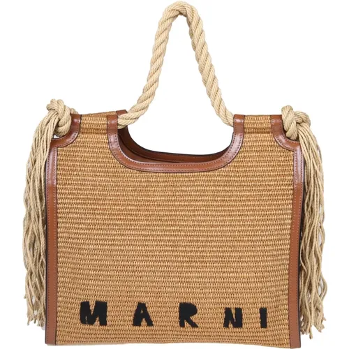 Natural Raffia Handbag with Embroidered Logo , female, Sizes: ONE SIZE - Marni - Modalova