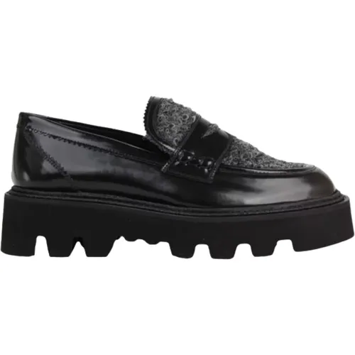 Schwarzer Loafer mit Grauen Details , Damen, Größe: 36 EU - Pertini - Modalova