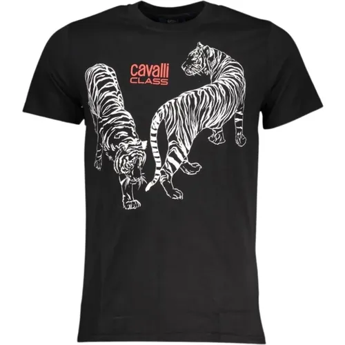 Schwarzes Baumwoll-T-Shirt mit Druck-Logo , Herren, Größe: 2XL - Cavalli Class - Modalova