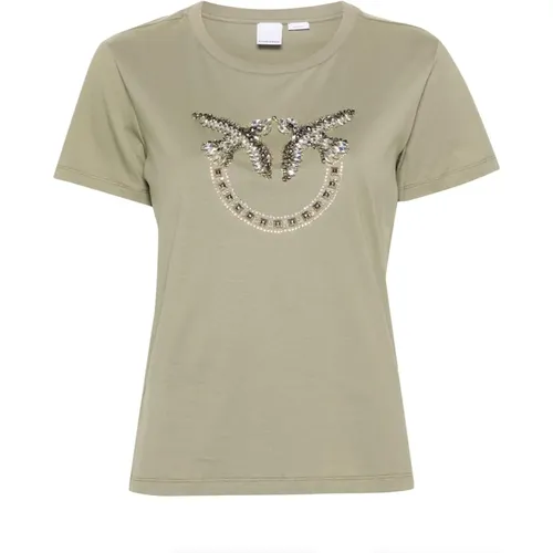Kurzarm Rundhals T-shirt mit Strassverzierung , Damen, Größe: XL - pinko - Modalova