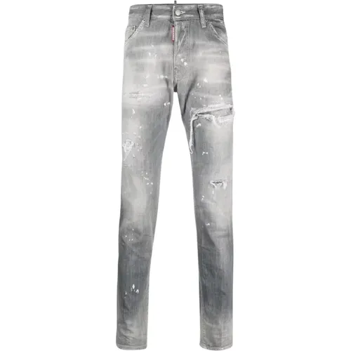 Distressed Ripped Slim Cut Jeans Hellgrau , Herren, Größe: M - Dsquared2 - Modalova