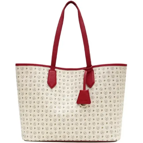 Ivory Shoulder Bag with Heritage Print and Red Inserts , female, Sizes: ONE SIZE - Pollini - Modalova