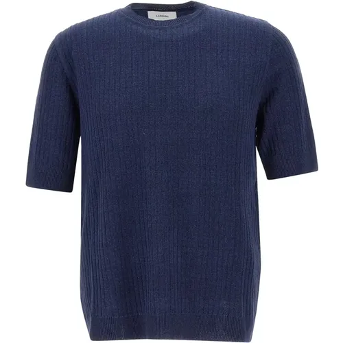 Blau Leinen Baumwoll T-shirt mit gerippter Textur , Herren, Größe: M - Lardini - Modalova
