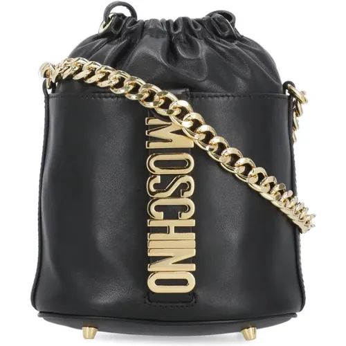 Schwarze Leder Bucket Bag mit Metallic Logo - Moschino - Modalova