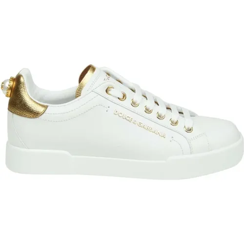 Weiß/Gold Portofino Leder Sneakers , Damen, Größe: 40 EU - Dolce & Gabbana - Modalova