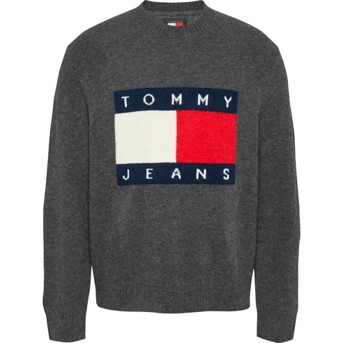 Grauer Melange Flaggenpullover , Herren, Größe: S - Tommy Jeans - Modalova