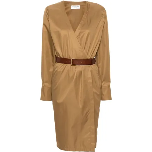 Camel Cotton Twill Midi Dress , female, Sizes: S, M, L - Saint Laurent - Modalova