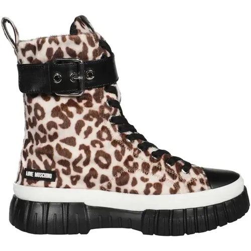 Leopard Print Canvas Sneakers , Damen, Größe: 40 EU - Love Moschino - Modalova