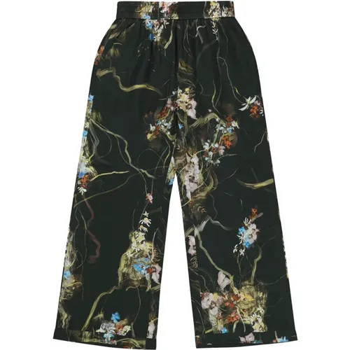 Floral Silk Trousers with Elastic Waistband , female, Sizes: S - Munthe - Modalova