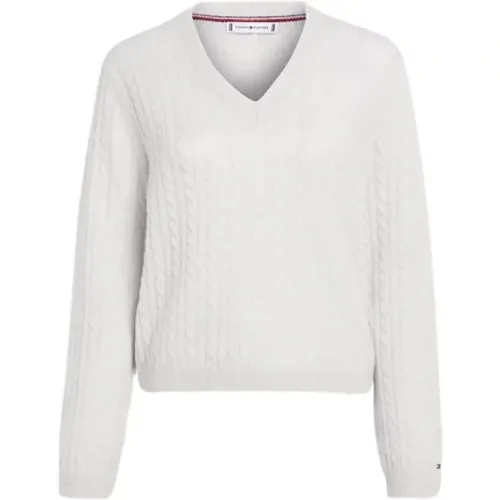 Strickpullover mit V-Ausschnitt und Zopfmuster , Damen, Größe: 2XS - Tommy Hilfiger - Modalova