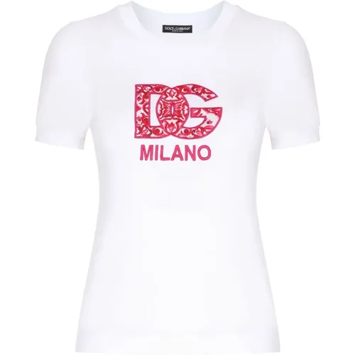 Weiße Baumwoll-T-Shirt mit Besticktem Logo , Damen, Größe: S - Dolce & Gabbana - Modalova