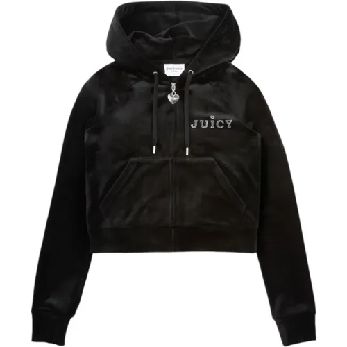 Schwarzer Hoodie mit silbernem Strass-Logo , Damen, Größe: L - Juicy Couture - Modalova