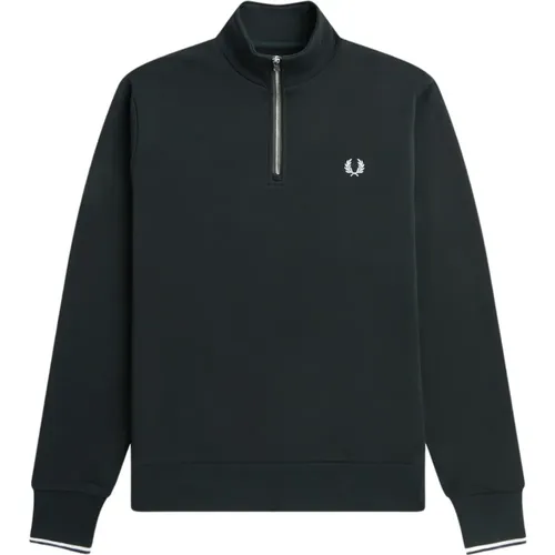 Nachtgrüner Half Zip Sweatshirt mit Rückenstreifen , Herren, Größe: M - Fred Perry - Modalova