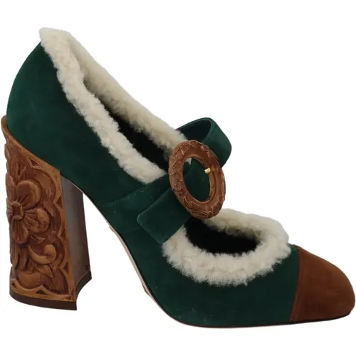 DG Suede Fur Shearling Mary Jane Shoes , female, Sizes: 6 UK - Dolce & Gabbana - Modalova