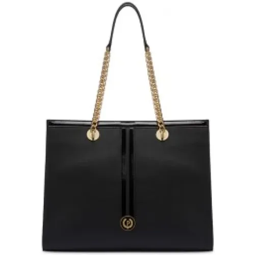 Shoulder Bag with Patent Inserts and Gold Metal Logo , female, Sizes: ONE SIZE - Pollini - Modalova