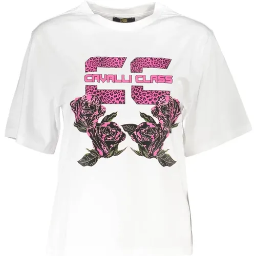 Weies Baumwoll-T-Shirt mit Designer-Print , Damen, Größe: L - Cavalli Class - Modalova