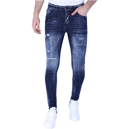 Dunkelblaue Slim Fit Jeans für Männer mit Löchern - 1101 , Herren, Größe: W30 - Local Fanatic - Modalova