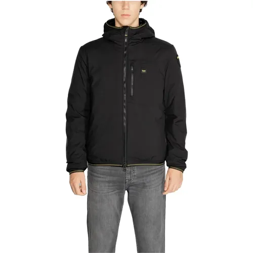 Schwarze Einfache Kapuzen-Zip-Jacke - Blauer - Modalova