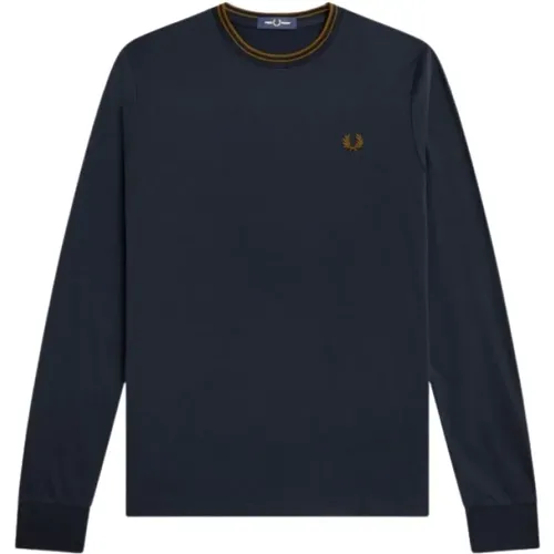 Langarm Baumwoll T-Shirt mit Gestreiftem Saum , Herren, Größe: S - Fred Perry - Modalova