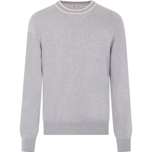 Grey Cotton Knit Pullover Sweater , male, Sizes: L - BRUNELLO CUCINELLI - Modalova