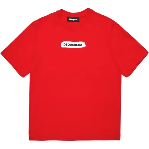 T-Shirt mit Pinselstrich-Grafik,Rotes Jersey T-Shirt mit Logo-Druck - Dsquared2 - Modalova