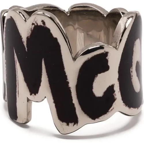 Men's Brass Logo Ring Black Silver , male, Sizes: 58 MM - alexander mcqueen - Modalova