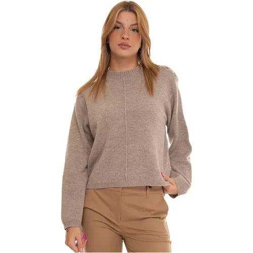 Round-necked Wool Pullover with Button Appliqué , female, Sizes: S, L - Suncoo - Modalova