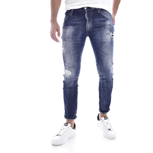 Blaue Slim Fit Destroy Jeans , Herren, Größe: W34 - Dsquared2 - Modalova