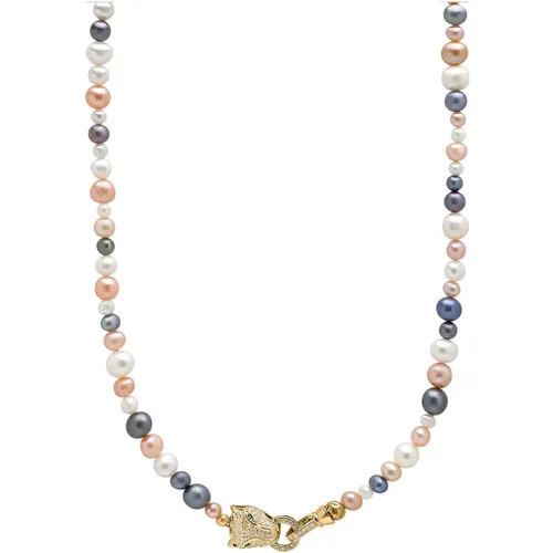 Multi-Colored Pearl Necklace with Gold Plated Panther Head Lock , male, Sizes: ONE SIZE - Nialaya - Modalova