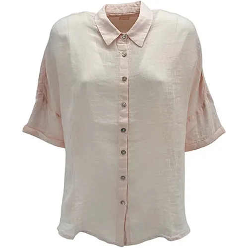 Linen Oversized Shirt with Sangallo Details , female, Sizes: XS, S - 120% lino - Modalova