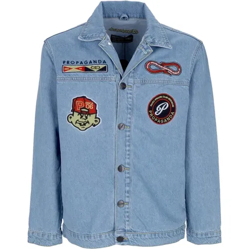 Denim Baseball Jacket with Patch Logos , male, Sizes: S, XL, M - Propaganda - Modalova