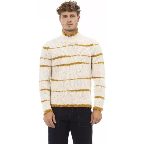 Beiger Alpaka Lederpullover, Mock Neck, Lange Ärmel , Herren, Größe: S - Alpha Studio - Modalova