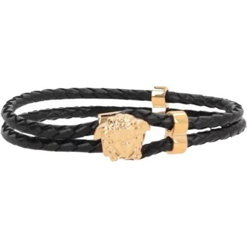 Gold Braided Leather Bracelet with Medusa Closure , male, Sizes: ONE SIZE - Versace - Modalova