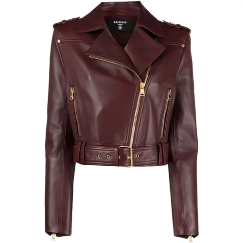 Belted leather biker jacket , female, Sizes: M, S - Balmain - Modalova