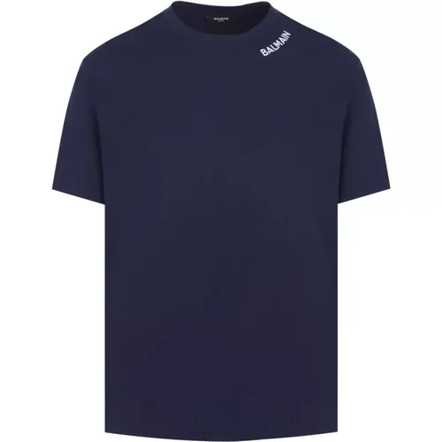 Stitch Collar T-Shirt Straight Fit Navy , male, Sizes: XS, S, L, M - Balmain - Modalova