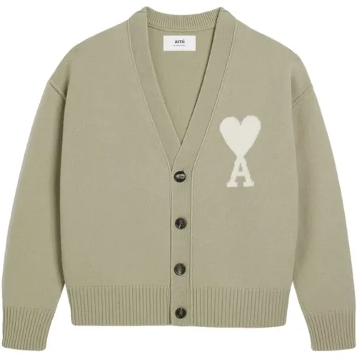 Sage Green Wool Knitwear Cardigan with Ami de Coeur Monogram , female, Sizes: L, M - Ami Paris - Modalova