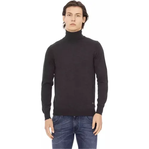 Grauer Stoff Crewneck Sweater mit Metall-Monogramm - Baldinini - Modalova