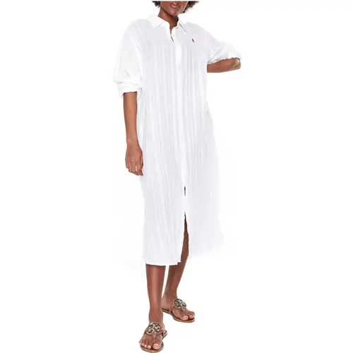 Weiße Leinen Midi Kleid , Damen, Größe: S - Ralph Lauren - Modalova